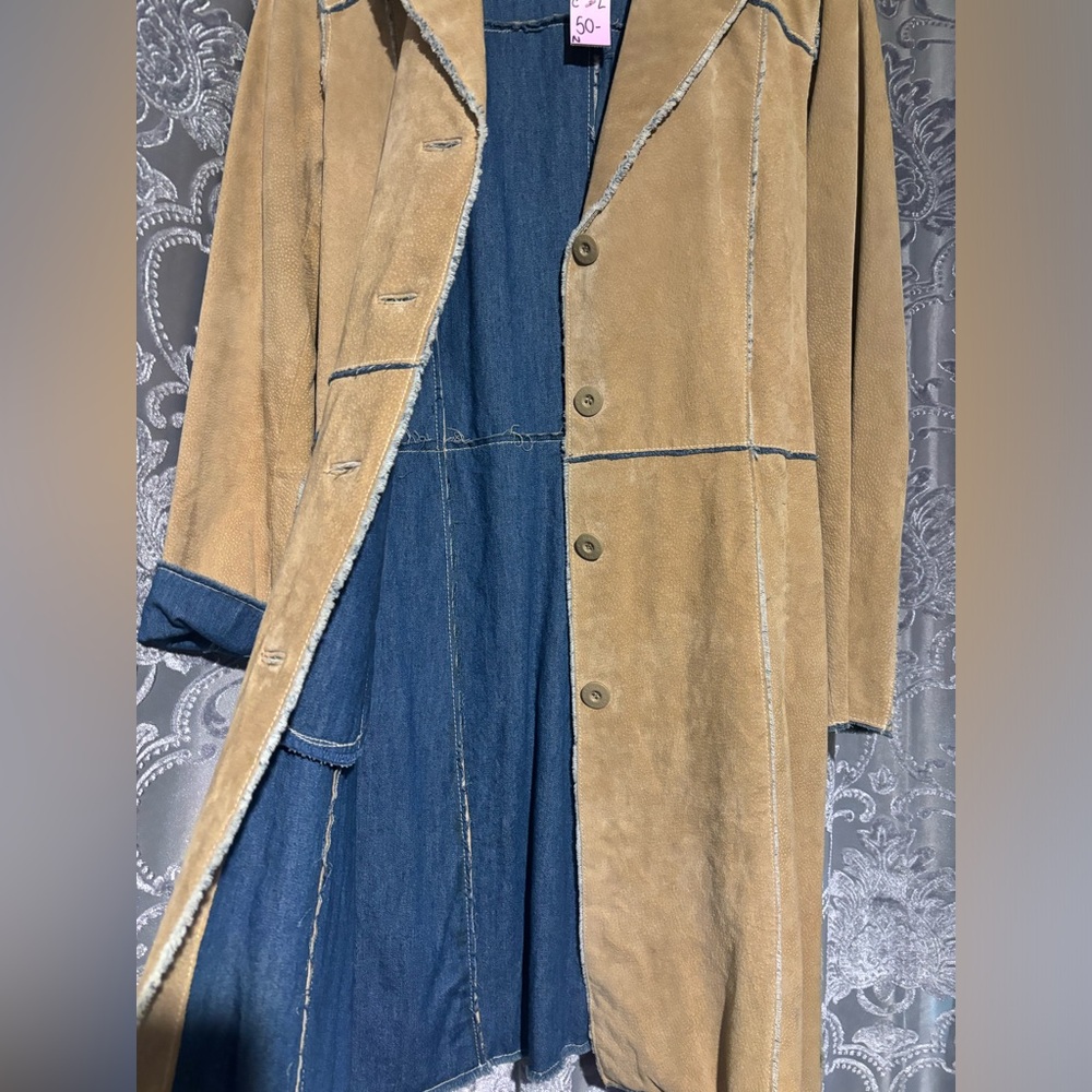 Wilsons Leather Suede Trench Coat Denim Trim - Picture 2 of 6